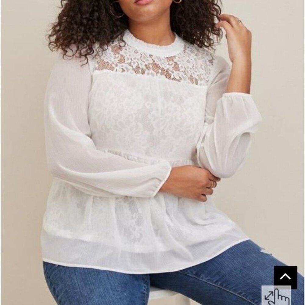 Torrid Abby Lace Blouse 3X White Chiffon Sheer Long Sleeve Tiered Ruffle Top
